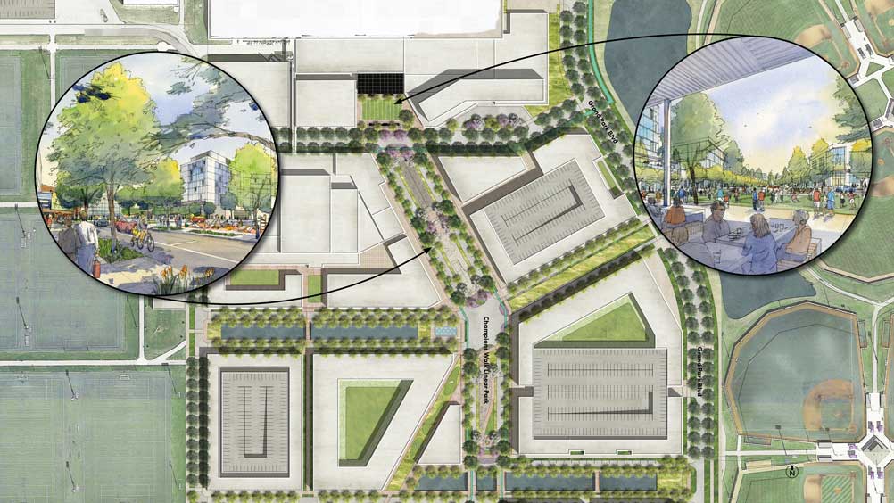 aerial view, artist rendition, with focused zoom-in circle features